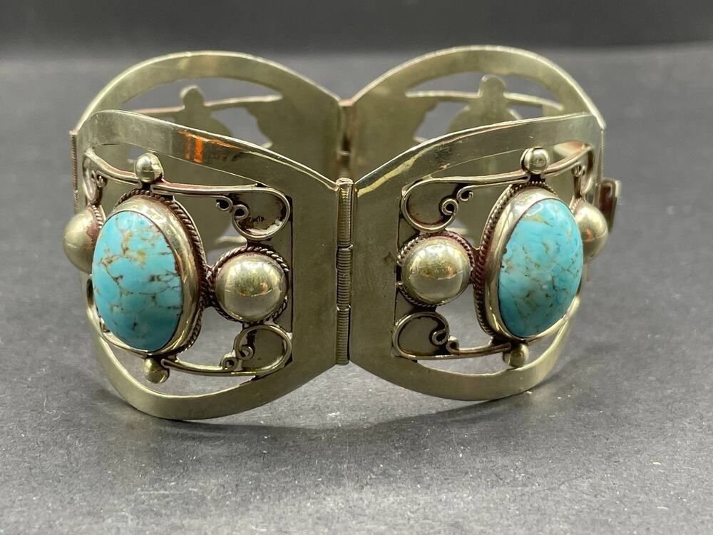 Mexico Silver Turquoise Hinged Cuff Bracelet Statement Southwestern Jewelry